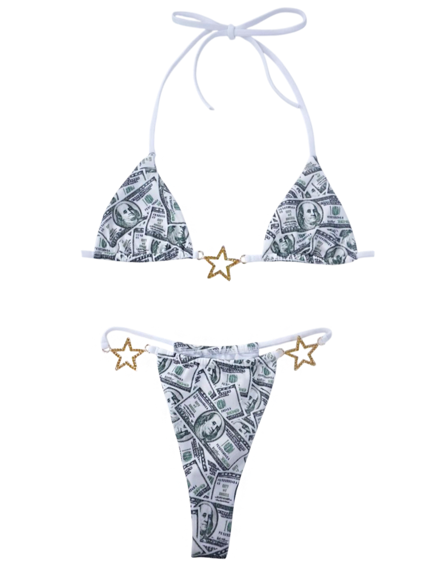 Bikini set with dollar bill print on a white background
